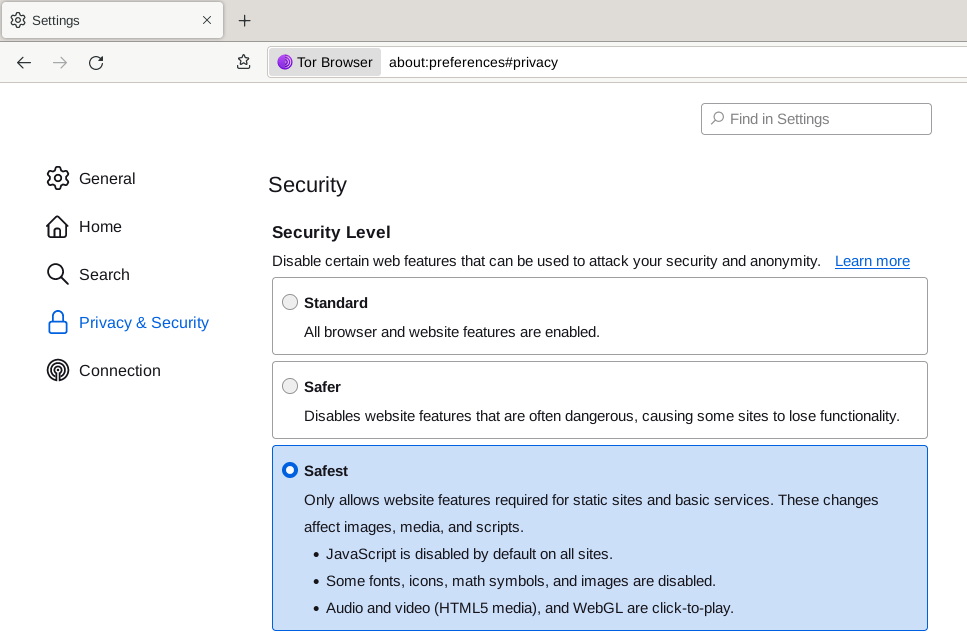 Tor Browser Security Settings